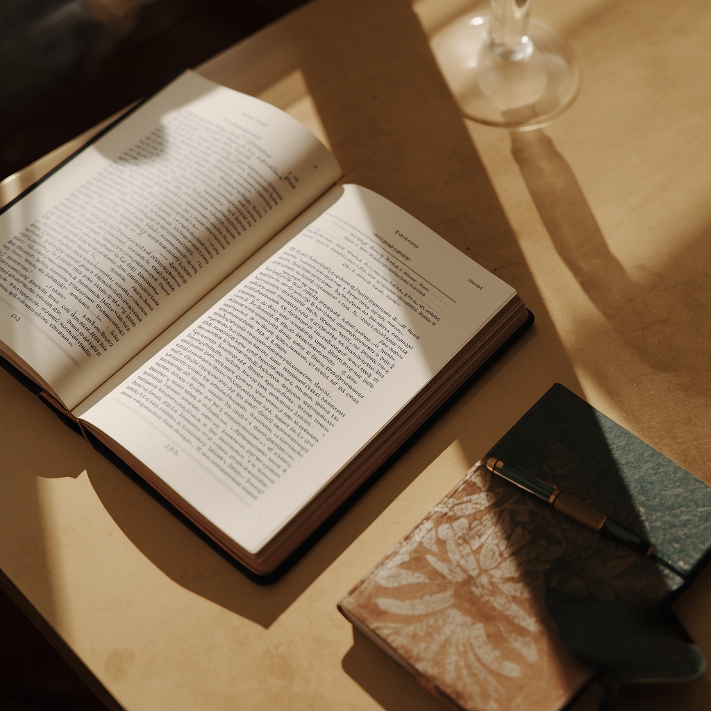 Livro de não-ficção aberto sobre uma mesa clara, ao lado de um caderno e caneta, sob luz natural