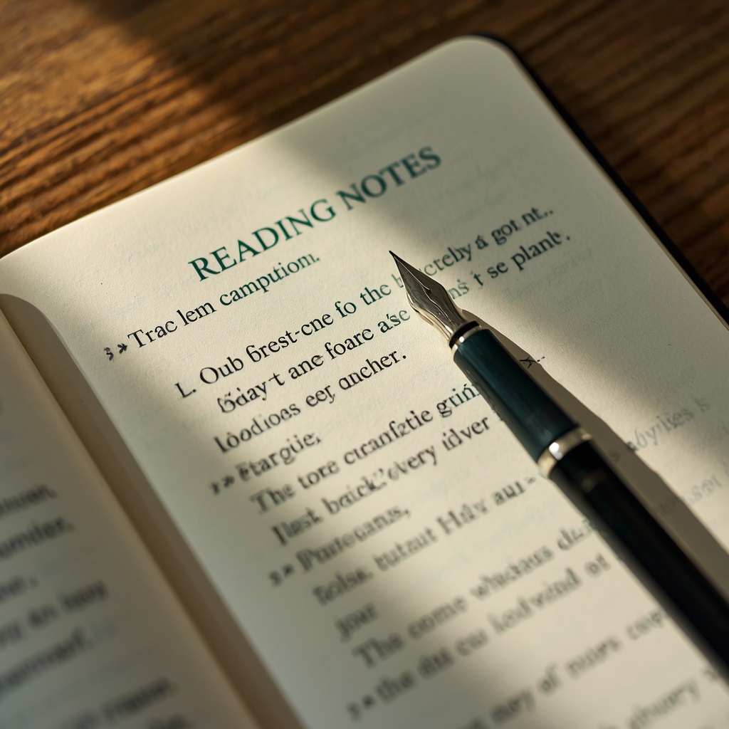 Caderno aberto com anotações de leitura e caneta-tinteiro apoiada sobre a página